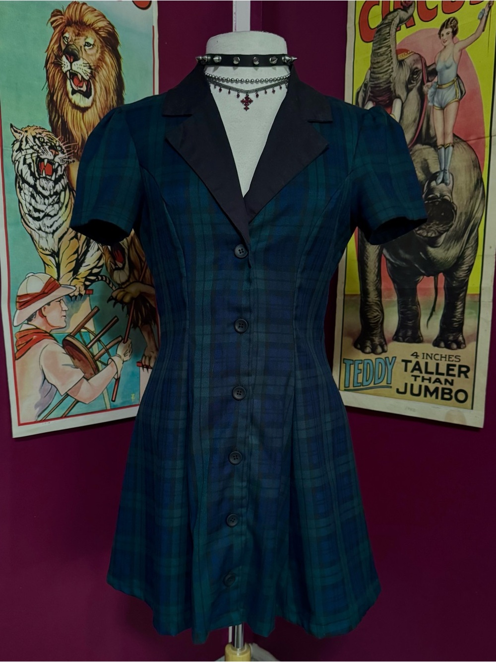 Goth/Punk Deep Green and Navy Plaid Current Mood Dress Sz S